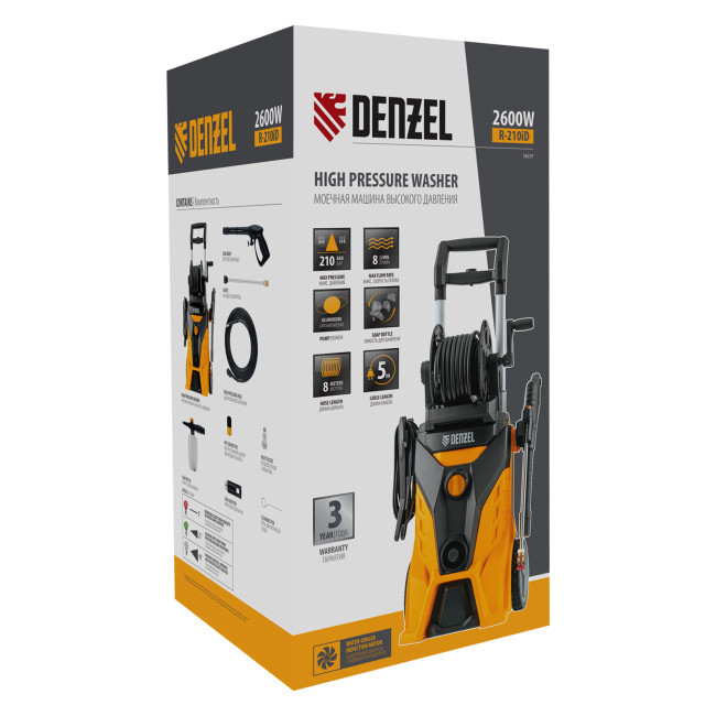 Моечная машина высокого давления R-210iD, 2600 Вт, 210 бар, 8.0 л/мин, асинхронный двигатель, барабан Denzel в Новосибирске