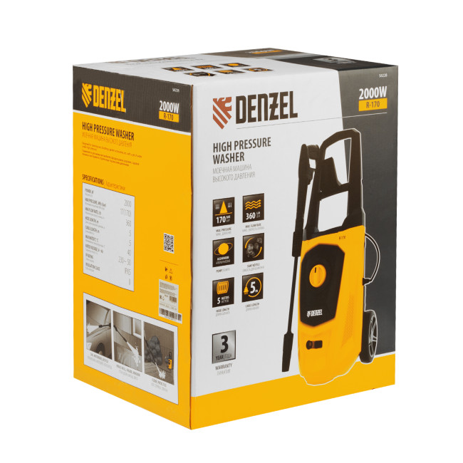 Моечная машина высокого давления R-170, 2000 Вт, 170 бар, 360 л/ч, колесная Denzel в Новосибирске