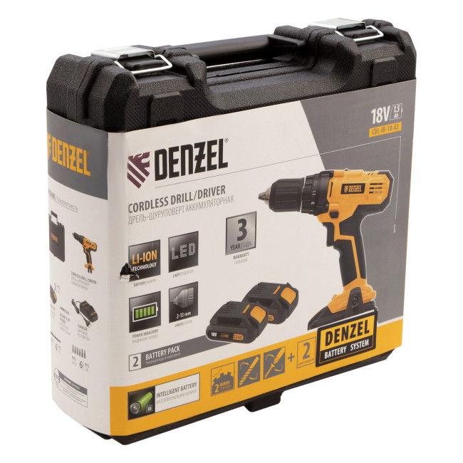 Дрель-шуруповерт аккумуляторная CDL-IB-18-02, Li-Ion, 18 В, 2 акк. Denzel в Новосибирске