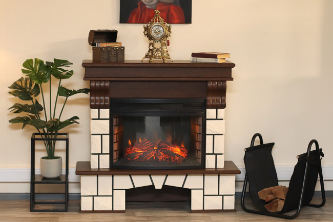 Каминокомплект Porto (Разборный) - Орех каньон/Белый камень с очагом Dioramic 25 LED FX в Новосибирске