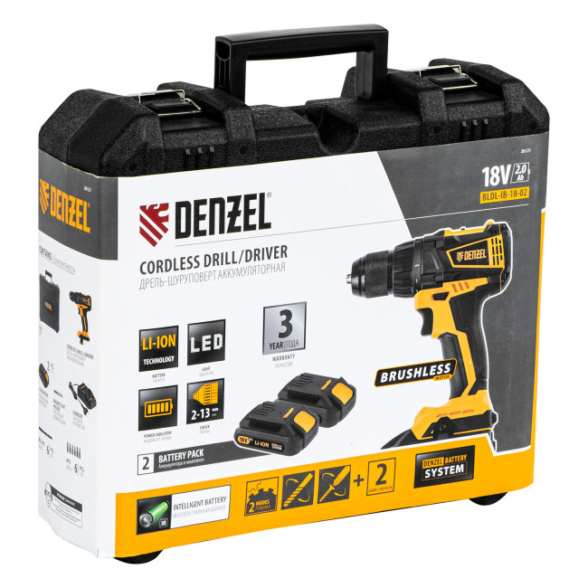 Дрель-шуруповерт аккумуляторная, бесщет. BLDL-IB-18-02, Li-Ion, 18 В, 2 акк. Denzel в Новосибирске