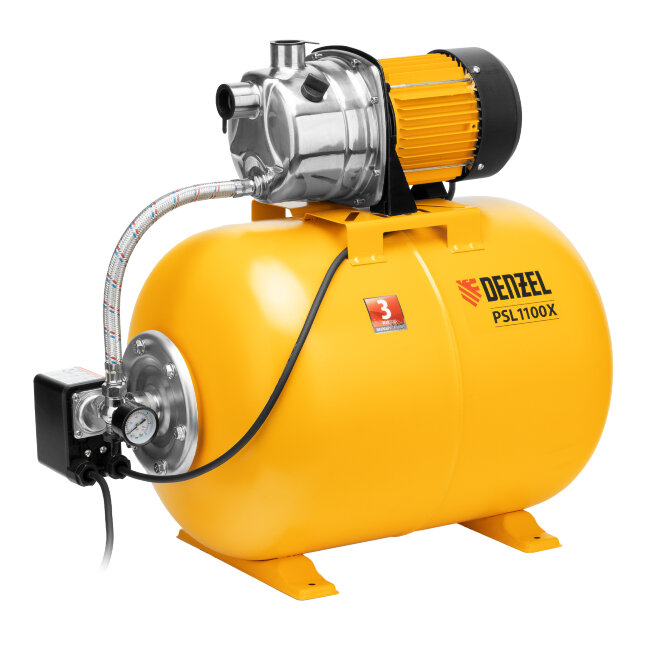 Насосная станция PSL1100X, 1100 Вт, 3600 л/ч, ресивер 50 л, подъем 45 м, нержавейка Denzel в Новосибирске