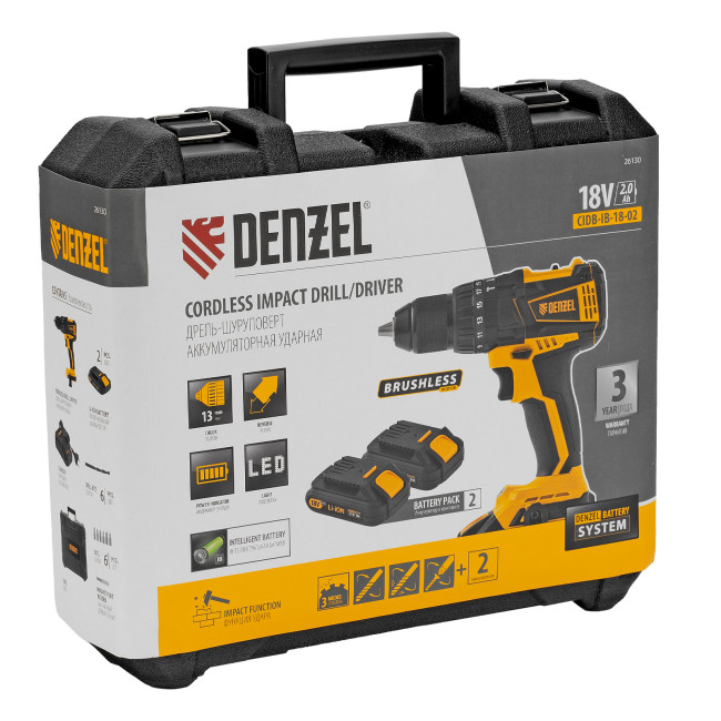 Дрель-шуруповерт аккумуляторная ударная бесщет CIDB-IB-18-02, Li-Ion, 18 В, 2 акк. Denzel в Новосибирске
