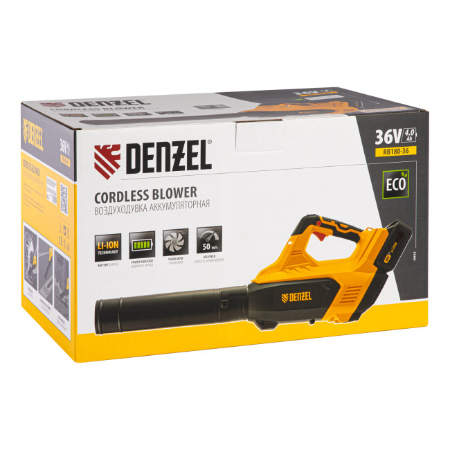 Воздуходувка аккумуляторная RB180-36, Li-ion, 36 В, 4 Ач, 180 км/ч, 820 м3/ч Denzel в Новосибирске